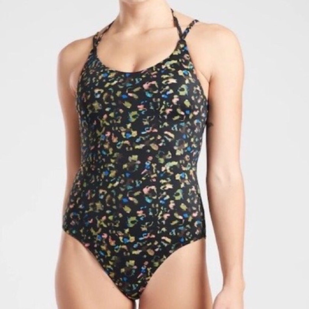 Athleta Colorful Leopard Print Keyhole Back Halter Neck One Piece Swimsuit Med